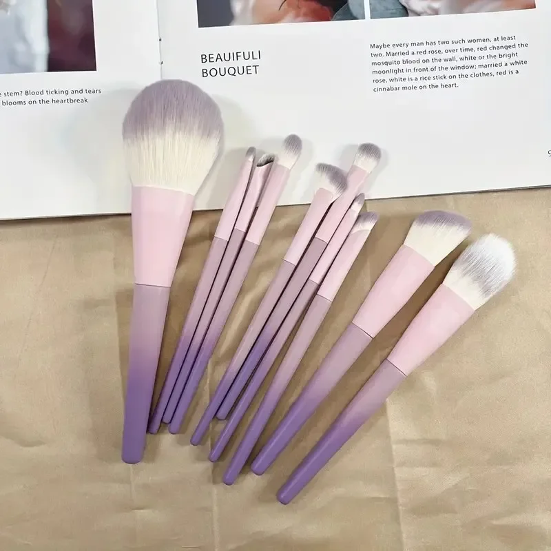 10 Uds. Brocha de maquillaje con mango de plástico degradado rosa y morado, brocha para polvos, brocha para maquillaje y base, brocha correctora