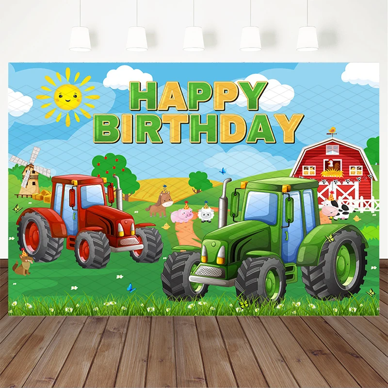 Mocsicka Farm Tractor Happy Birthday Backdrop Green Barnyard Animals Kids Baby Shower Party Photography Background Photo Booth