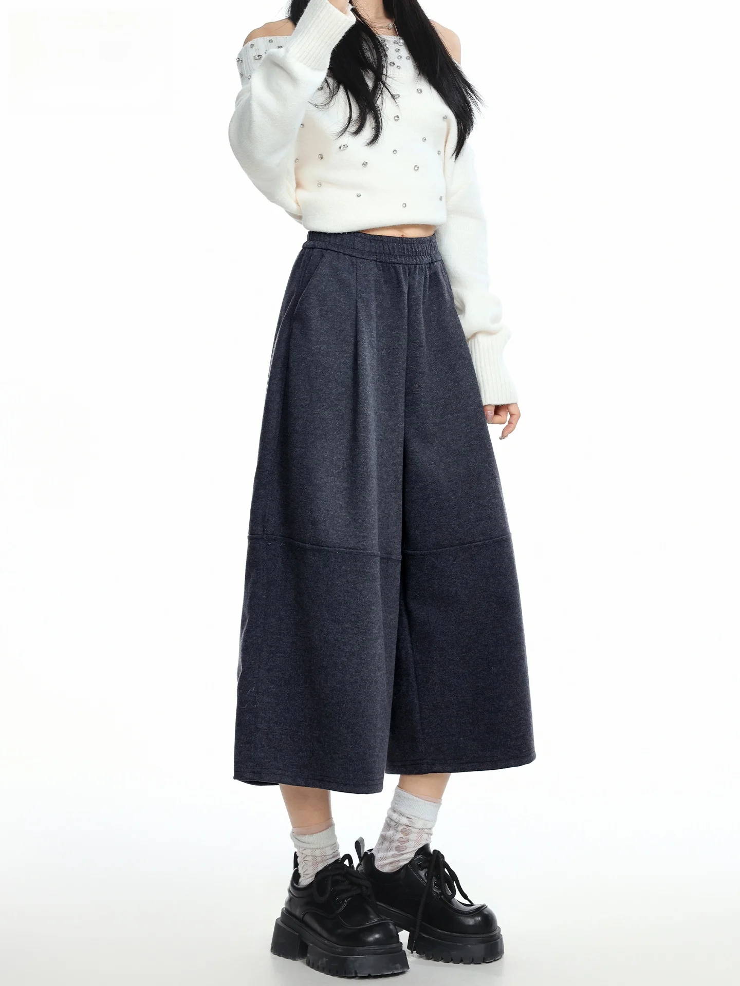 

Темно-серые шерстяные брюки на флисовой подкладке, женские модные повседневные брюки с широкими штанинами и свободной талией в корейском стиле