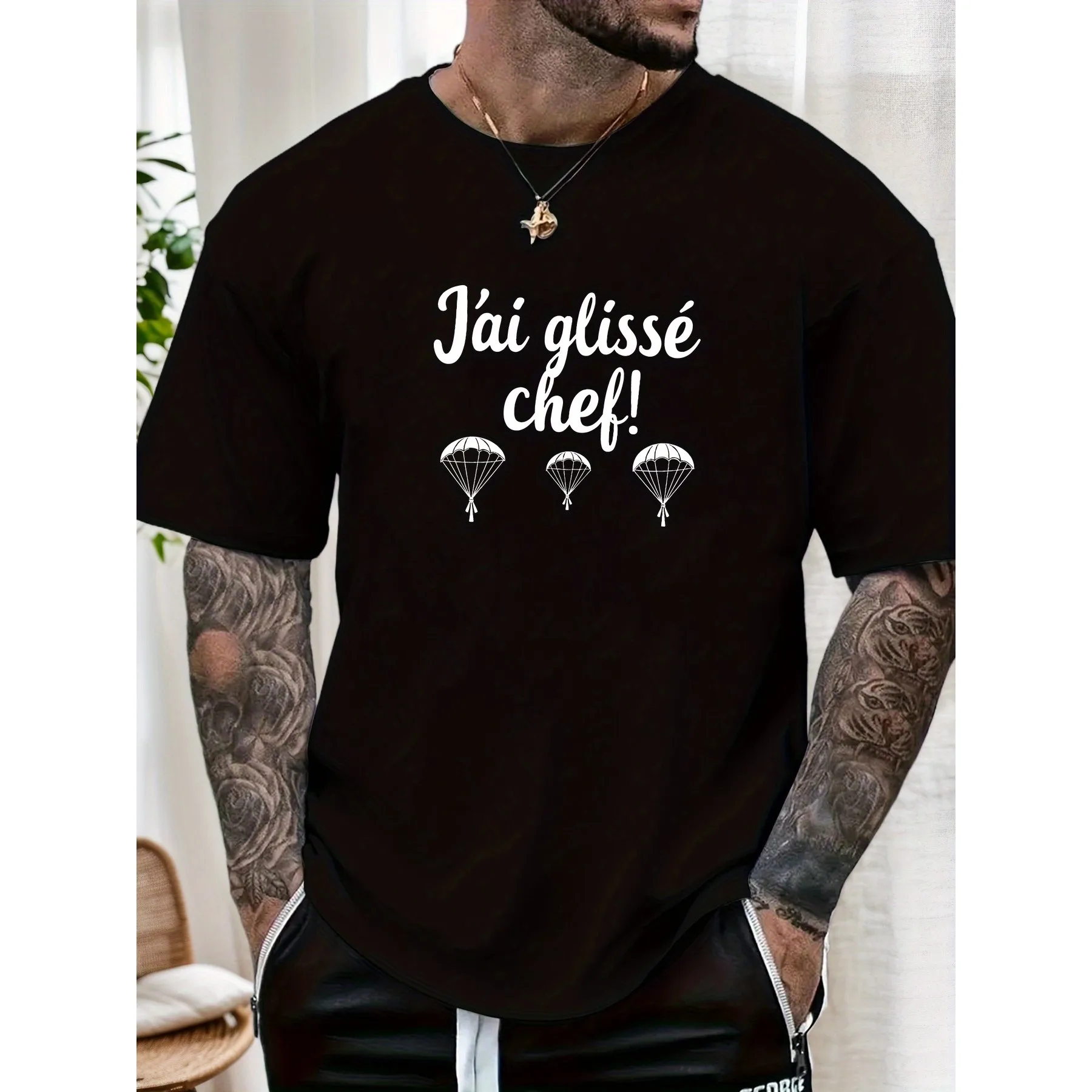 J'ai Glissé Chef Parachute Graphic Tee Men's Casual Cotton Short Sleeve Breathable T-Shirt