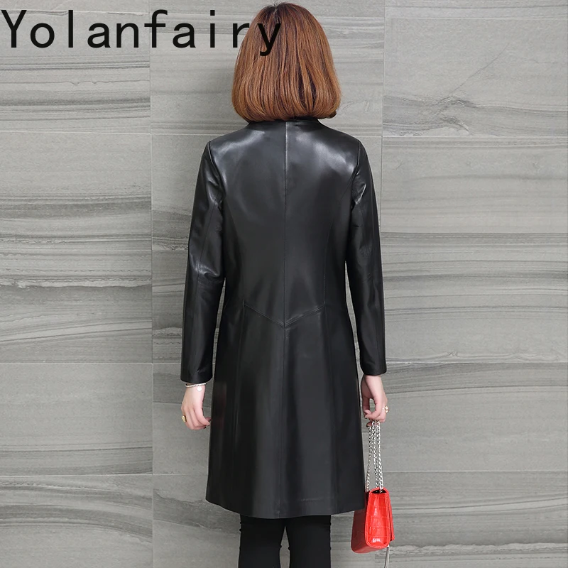 YOLANFAIRY High Quality Real Sheepskin Leather Tench Coat Woman Spring Autumn Mid-length Genuine Leather Jacket Women Slim-fit