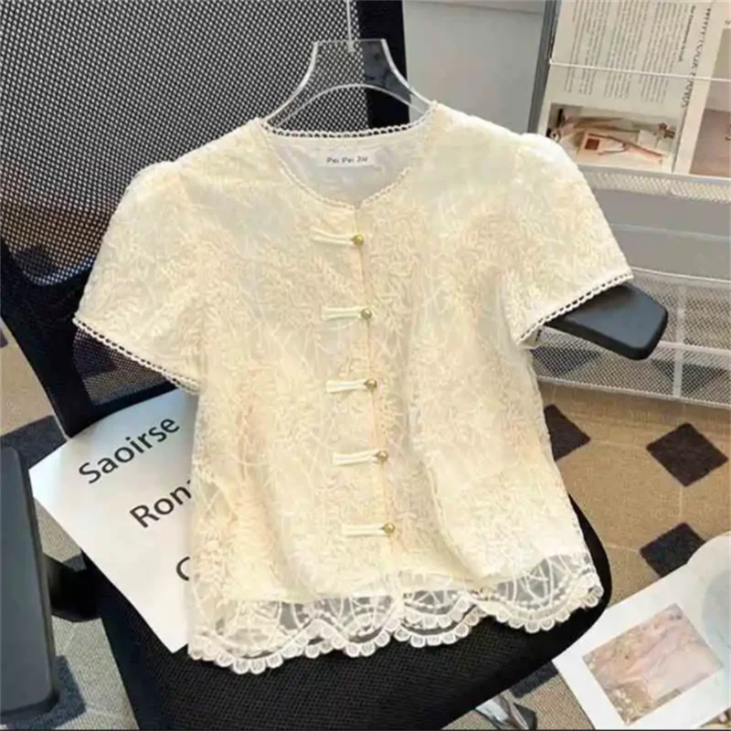 

Summer Retro Shirt Women Short Blouse Chinese Buckle Embroidered Top Woman Clothes Lace Shirt Chic Cardigan Female Blouses