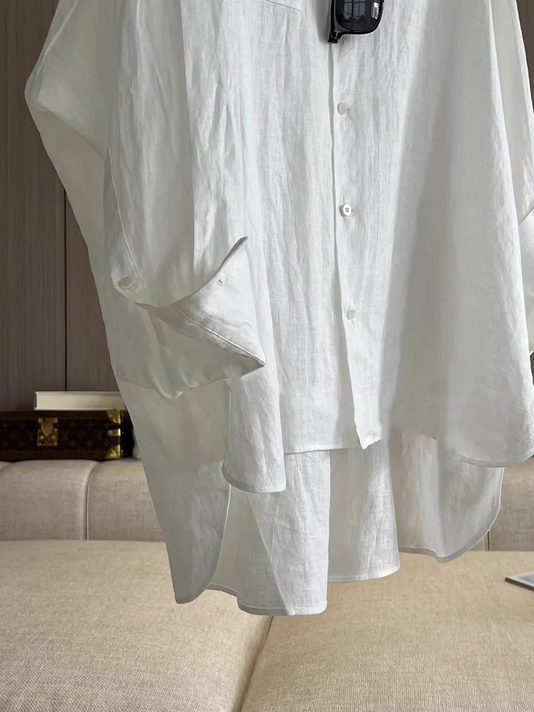 Biała koszula chroniąca przed słońcem, damska, letnia, cienka, luźna, lniana bluzka, oddychająca, długi rękaw, kołnierzyk, styl koreański.