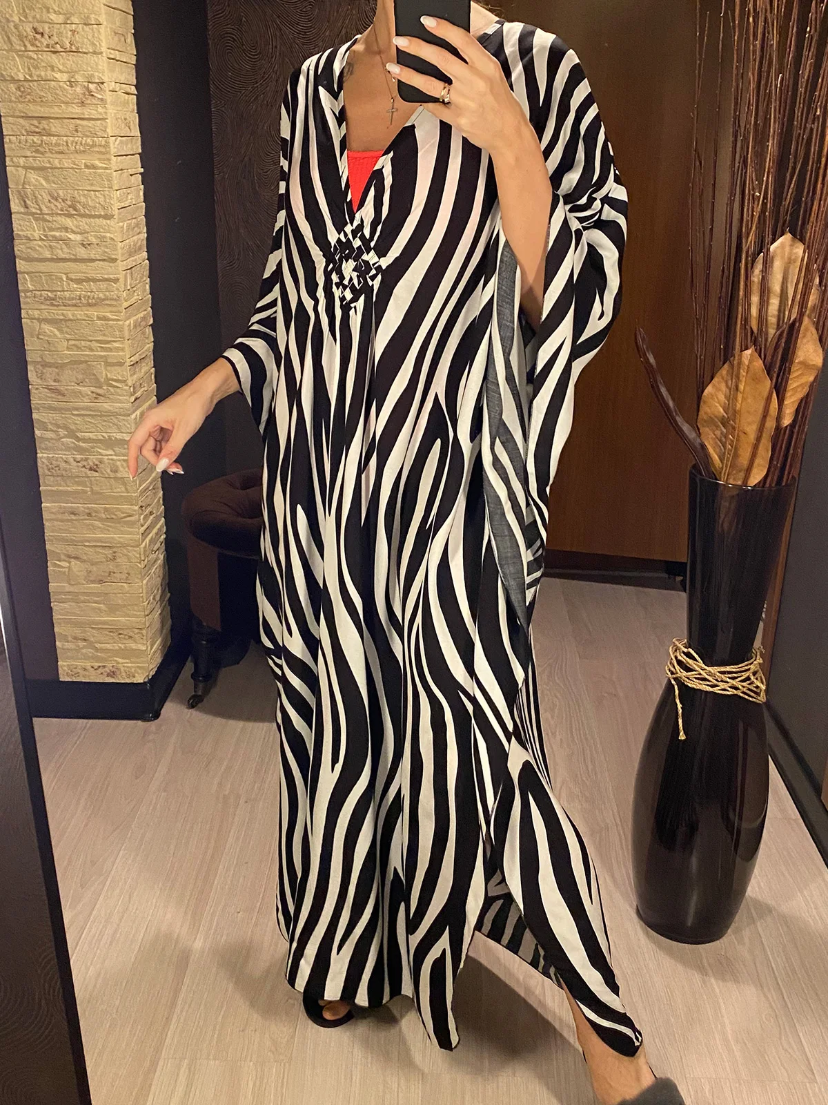 Marsie Zebra-print Elastic Drawstring Waist Long Bell Sleeve Cover-up Kimono