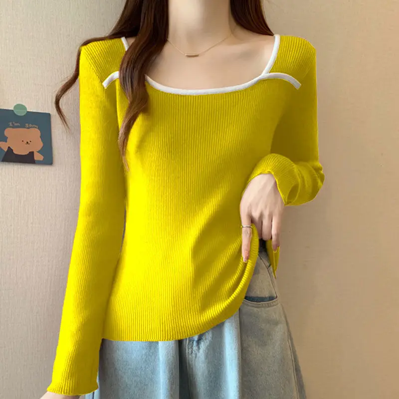 

Autumn Winter New Women's Simplicity Commuter Solid Color Crew Neck Color Block Versatile Long Sleeve Tops Fashion Slim Sweaters