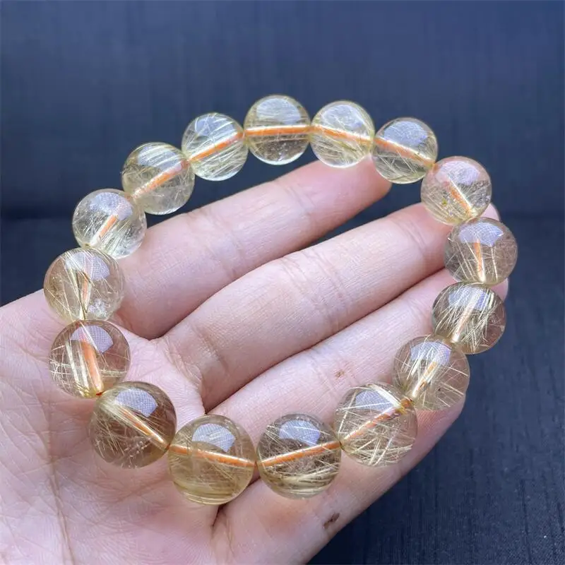 12MM Natural Gold Rutilated Quartz Bracelet String Charms Handmade Fortune Energy Bangle Mineral Woman Amulet Jewelry Gift