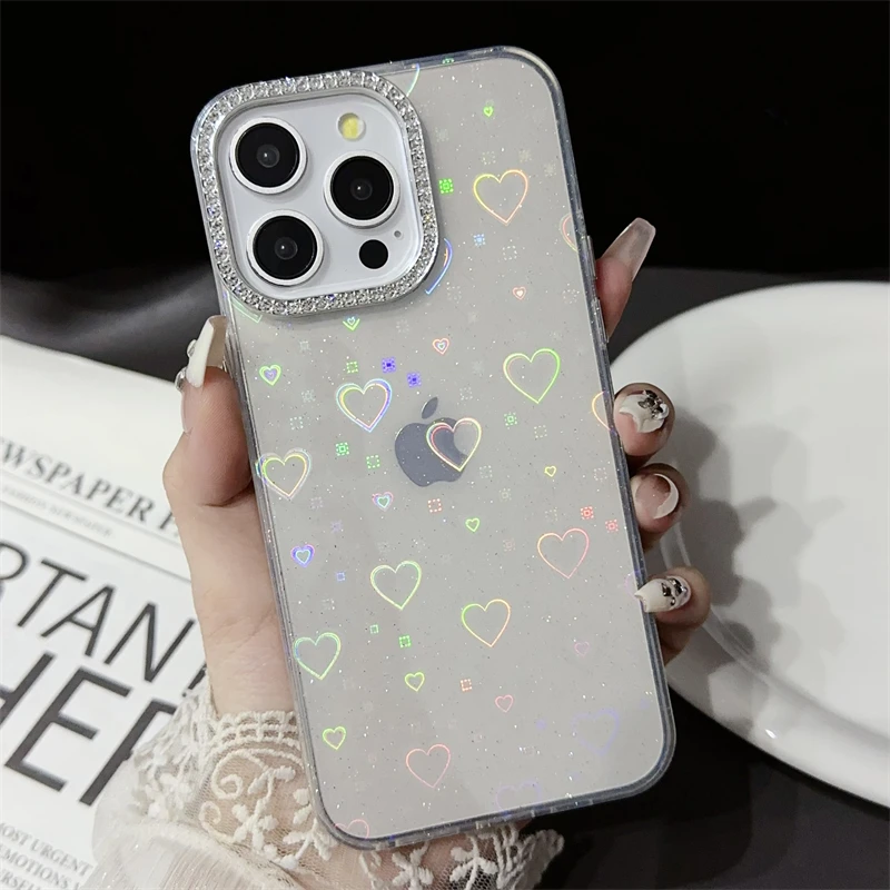 Fashion Transparent Gradient Laser Love Heart Case For iPhone 15 14 Plus 13 11 12 Pro Max Shockproof Glitter Diamond Lens Cover