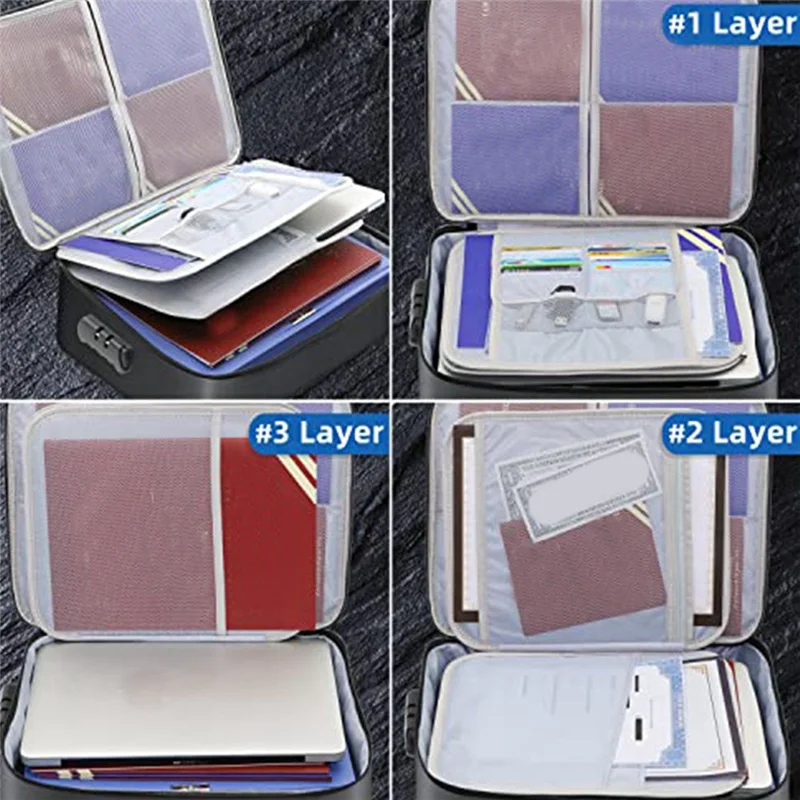 ABQR Sac à documents avec serrure - Organisateur de documents importants ignifuge et résistant à l'humidité à 3 couches 15 x 11 pouces (argent)