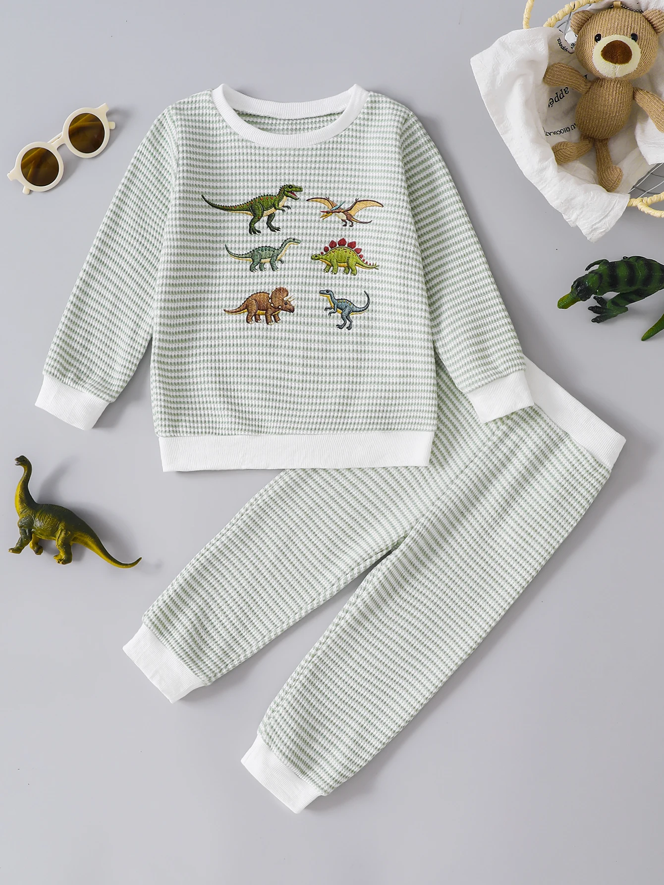 Waffle Knit Toddler 2Pcs Dinosaur Print Outfit Long Sleeve Sweatshirt Cuffed Pants Kids Casual Home Pajamas Set