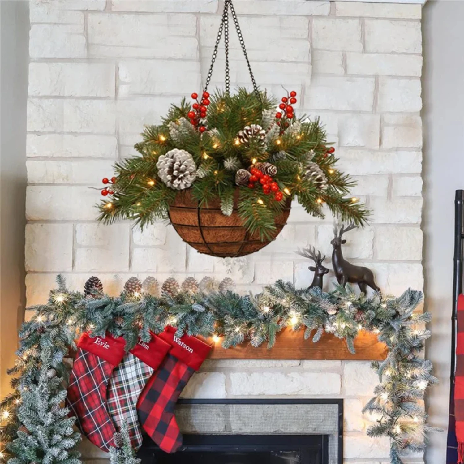 Artificial Christmas Hanging Basket Flocked with Mixed Decorations and White LED Lights Hanging Ornament Xmas Decor