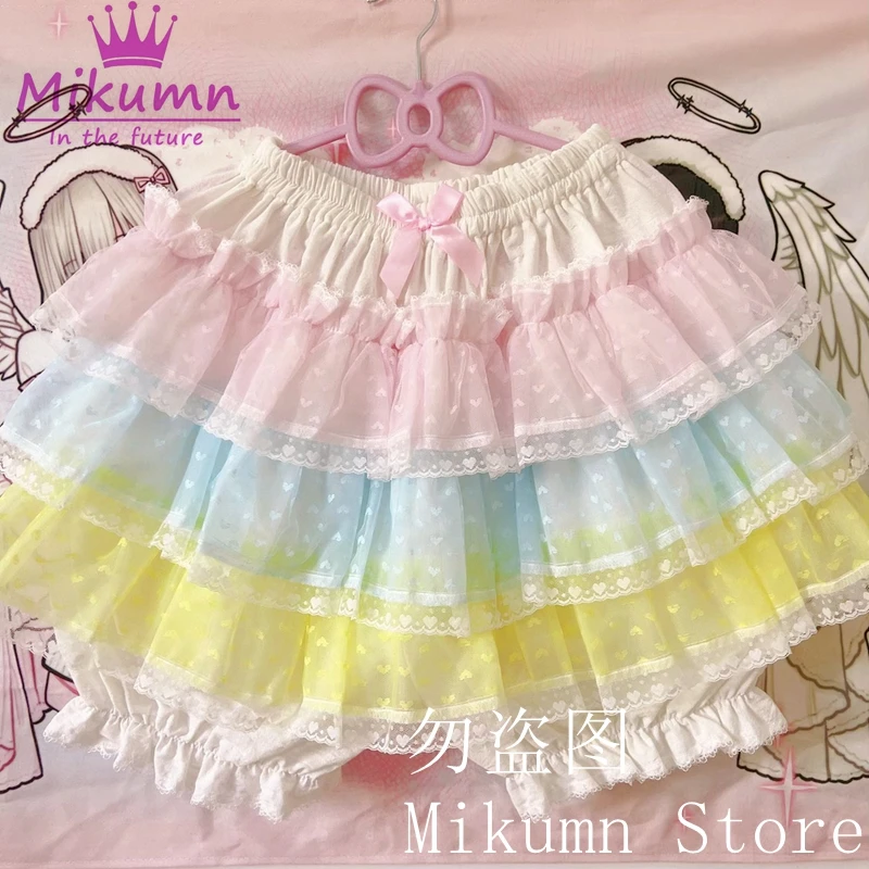 Mikumn Harajuku Zoete Kant Shorts Rokken Y2k Japanse Lolita Kawaii JK Ruches Bloeiers Vrouwen Elastische Taille Veiligheid Korte Broek