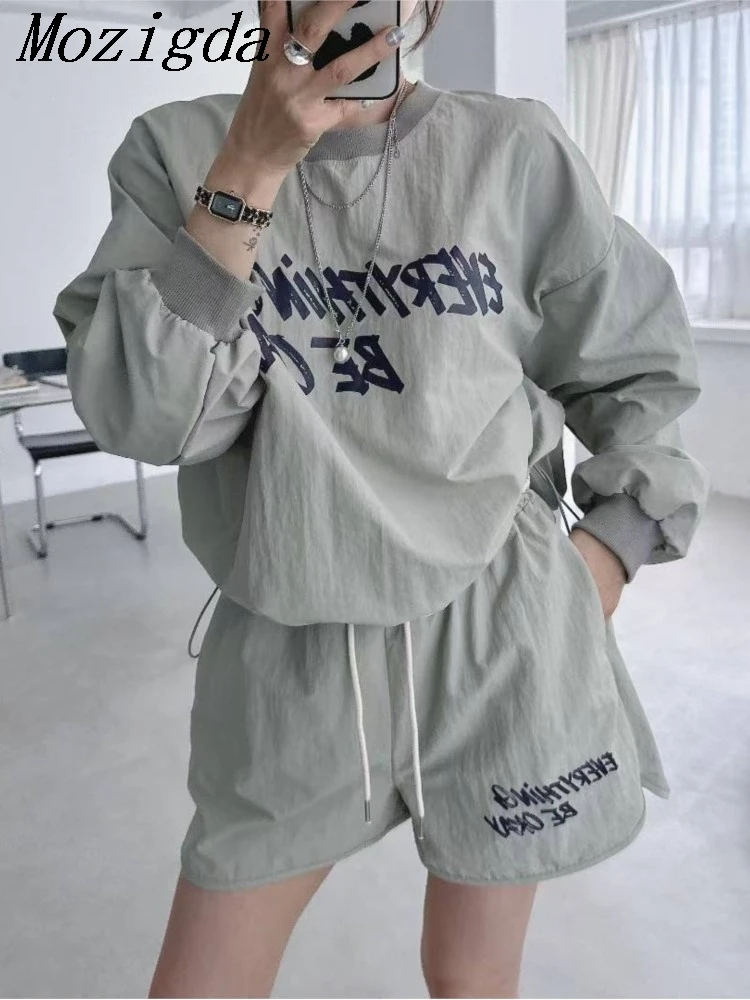 

Korean Style Print Letter Two 2 Piece Set Women Vintage Spring Autumn Pullover Tops + Casual Shorts 2 Piece Outfits Female