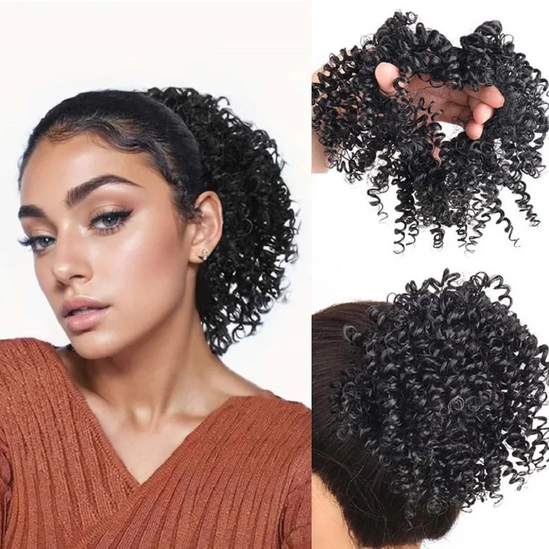 Syntetyczne 4-calowe Afro perwersyjne kręcone włosy kok Chignon do przedłużania włosów elastyczna gumka Updo Cover Puff kawałki włosów dla kobiet