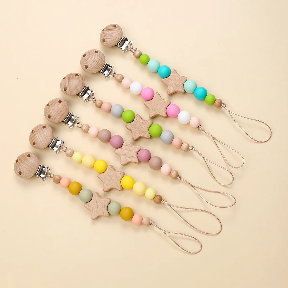 Baby Wooden Pentagram Pacifier Clip Chain Candy Color Nipples Chew Children Pacifier Clips Pacifier Teether Teething Toy Bracket