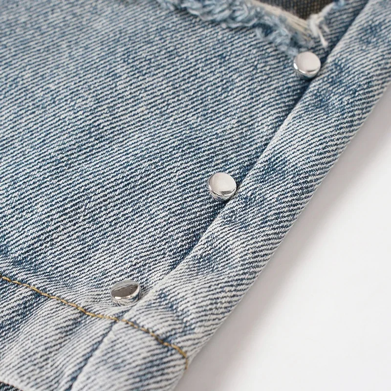 Men Vintage Denim shorts Plaid Ripped Patchwork Blue Jeans Streetwear Harajuku Hip Hop Y2K Unisex