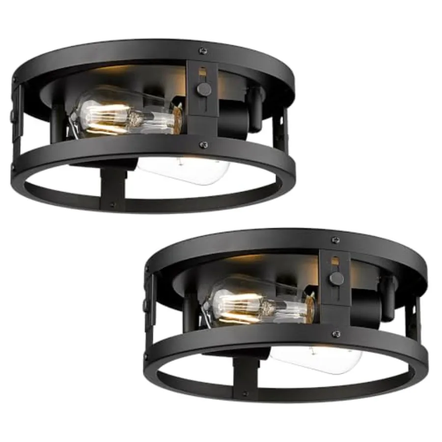 2 Pack Industrial Flush Mount Ceiling Light, 2-Light Black Metal Cage Ceiling Light Fixtures, Farmhouse Adjustable Ceiling Ligh