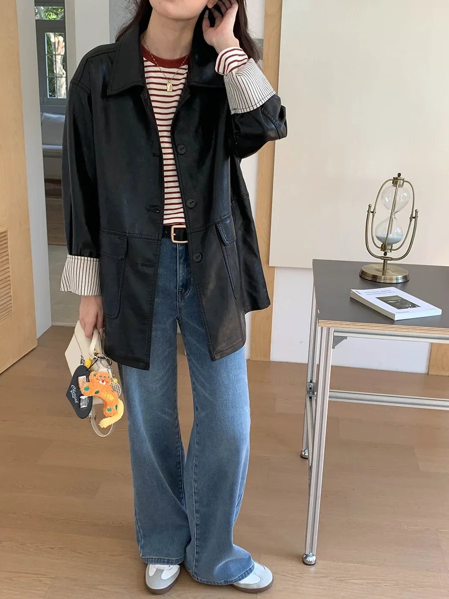 

Women's Casual Patchwork Striped Long Sleeve PU Leather Jacket Autumn 2025 New Fashion Item