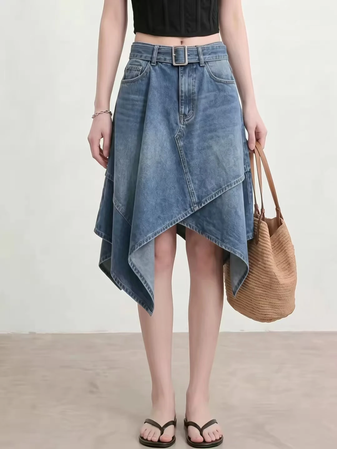 Asymmetrischer, unregelmäßiger Jeans-Midirock für Damen, hohe Taille mit Gürtel, Patchwork, gewaschenes Blau, A-Linie, Freizeitrock – Detail 2