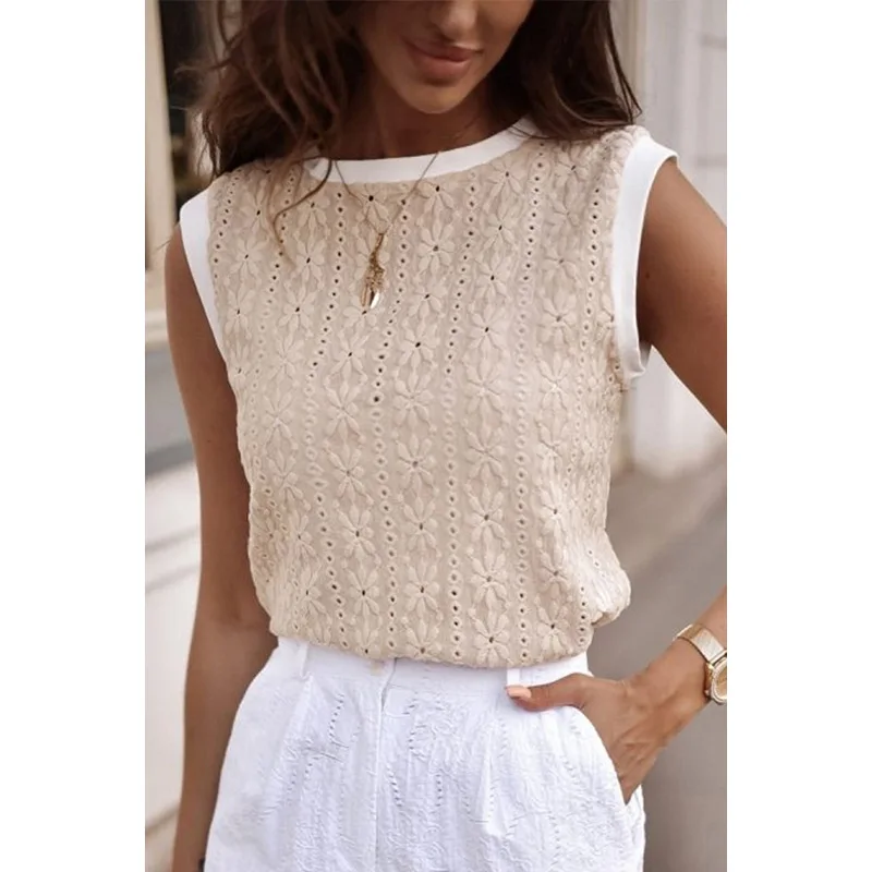 

New Floral Texture Outerwear Vest for Women Style Casual Color Block Round Neck Sleeveless Top for Women