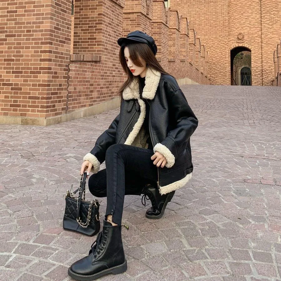 بو الجلود سترة نسائية المرقعة حزام الوقوف طوق الصلبة معطف الإناث 2024 الخريف الشتاء Highstreet رشاقته معطف سيدة