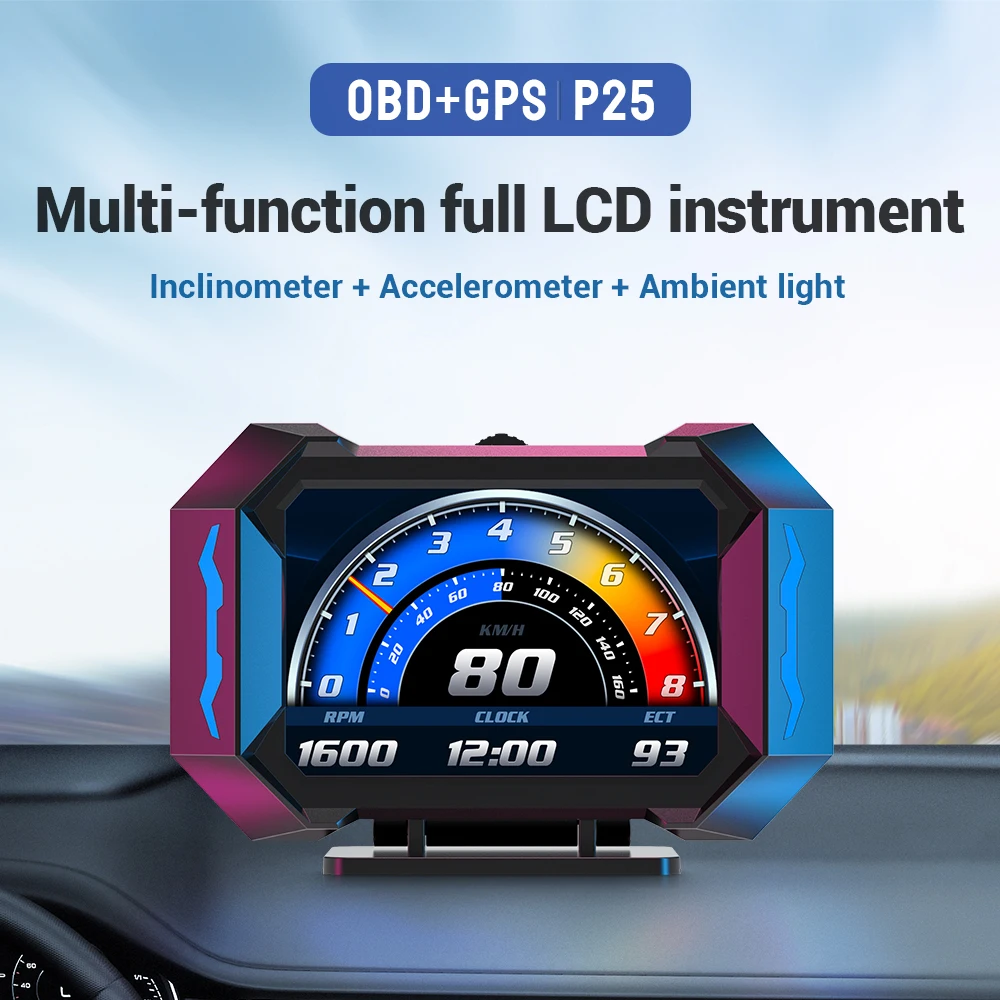 Velocímetro digital para carro, Head Up Display, computador de bordo, temperatura da água, consumo de combustível, medidor de inclinação, OBD + GPS HUD P25