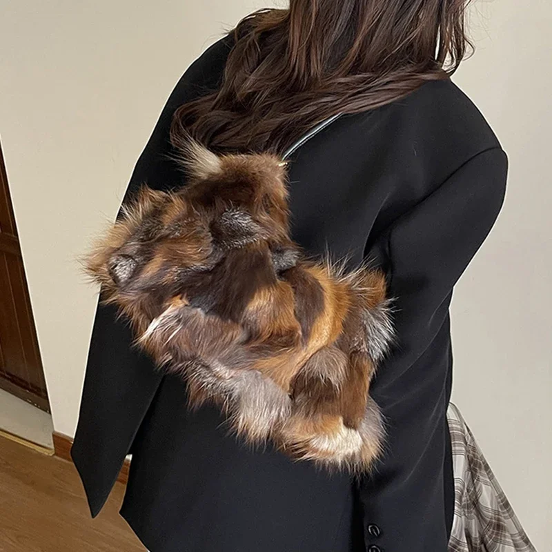 

Women Luxury Plush Faux Fox Fur Shoulder Bag Hobo Evening Bag for Autumn Winter Dinner Party Fashion Patchwork Long Plush Purse
