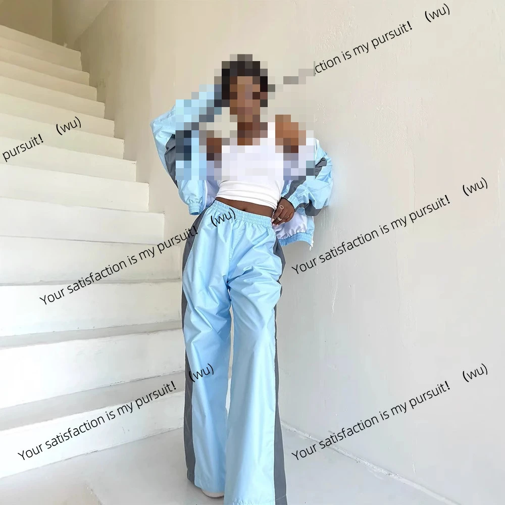 

European and American women's casual suit fashionable and loose color matching long-sleeved zipper cardigan contrasting