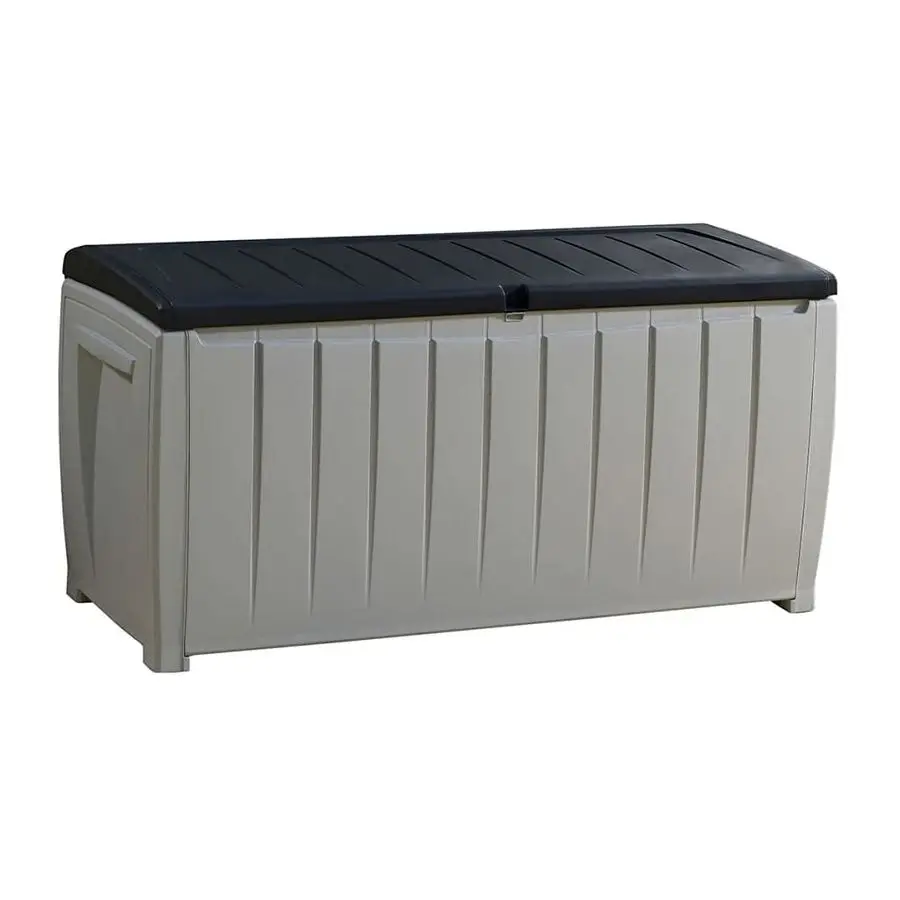 Caja de Almacenamiento para Cojines 340L, Resistente a la Intemperie, con Banco, para Jardín, para Cojines y Almohadones, 124 x 55 x 62.5 cm, Gris Negro