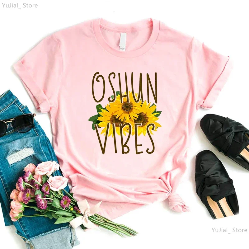 The African Goddess Oshun Vibes Sunflower Printed T Shirt Women Funny Gray/Green/Yellow/Pink/Black Tshirt Femme Harajuku Shirt