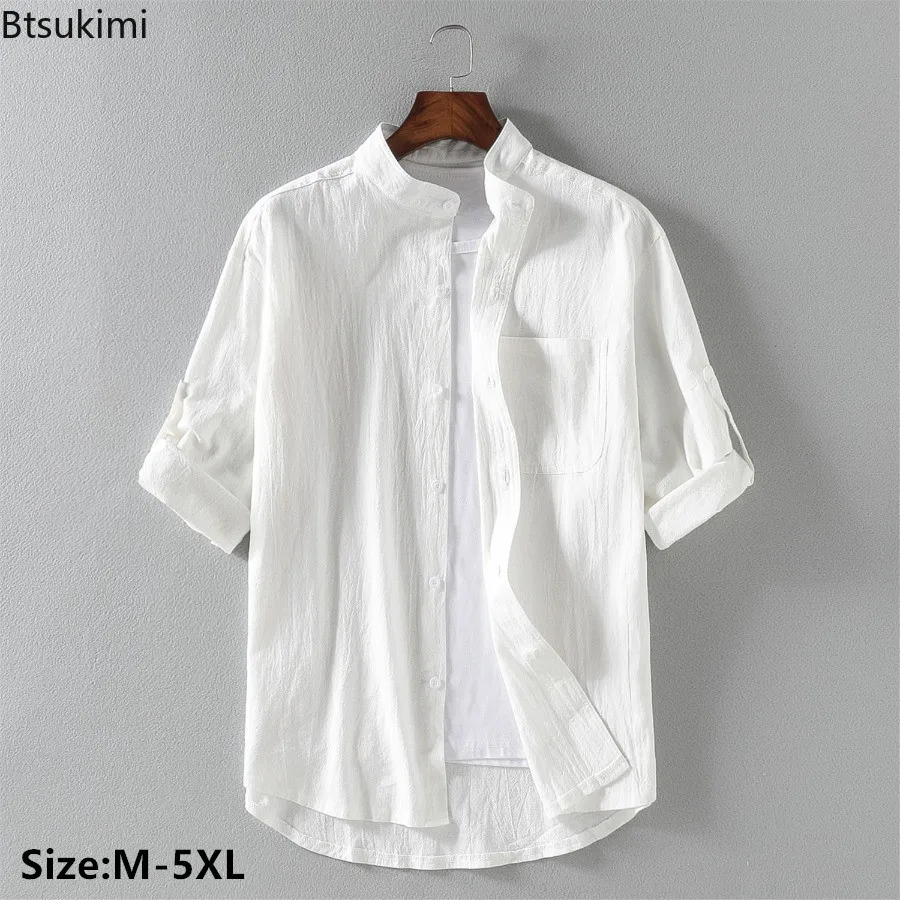 

New 2024 Men's Spring Chinese Style Stand Collar Shirt Slim Cotton Linen Solid Casual Shirts Coats Man Three Quarter Sleeve Tops