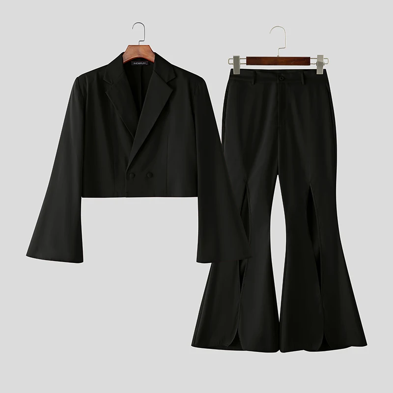 

INCERUN Мужские комплекты Однотонный укороченный пиджак с длинными рукавами и брюки-клеш Комплекты из двух предметов Уличная одежда Модные повседневные мужские костюмы