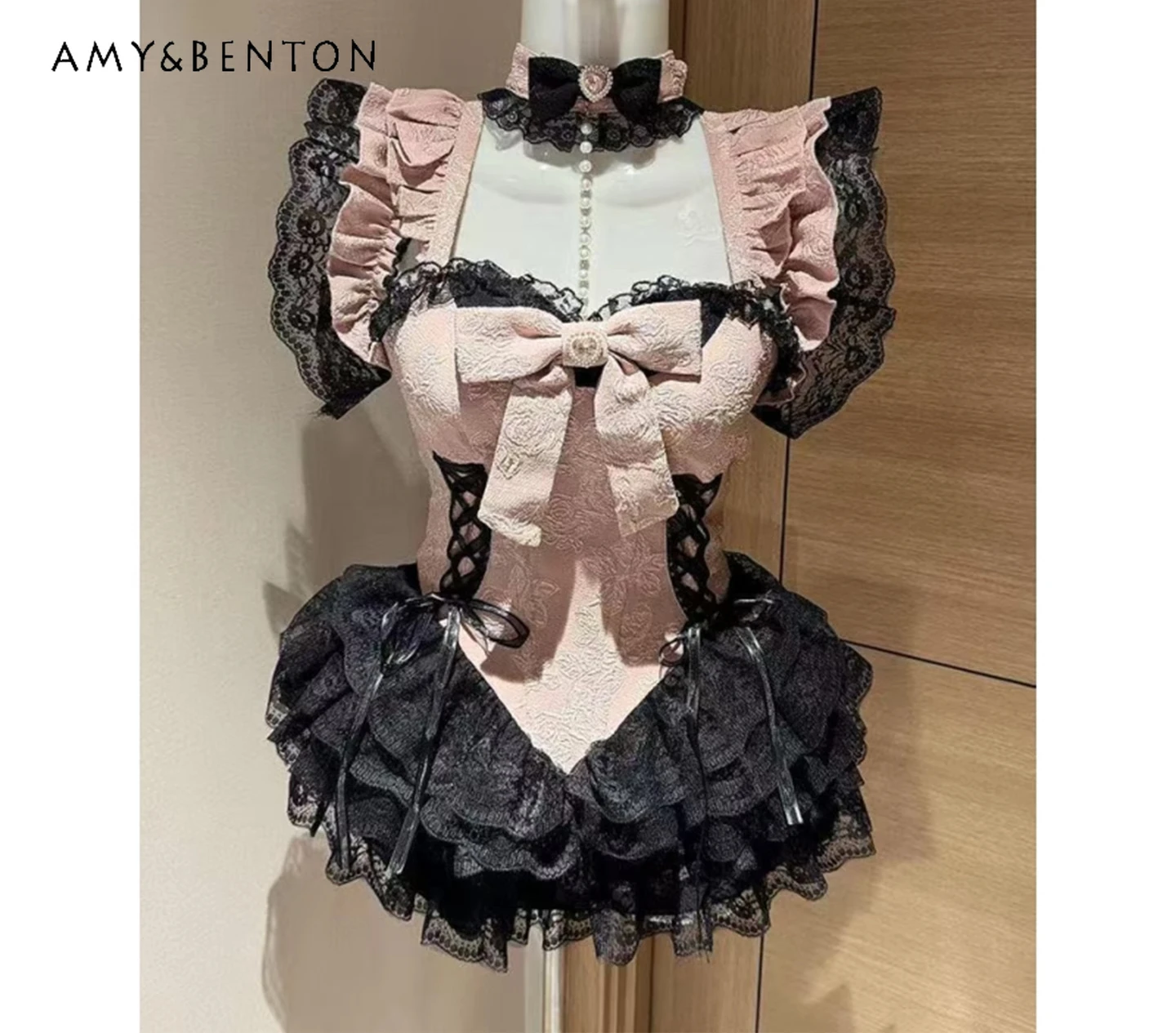 

2025 High-End Design Sweet and Spicy Heavy Craft Lolita Patchwork Off-Shoulder Bow Black Mesh Slim High-Waisted Short Dress