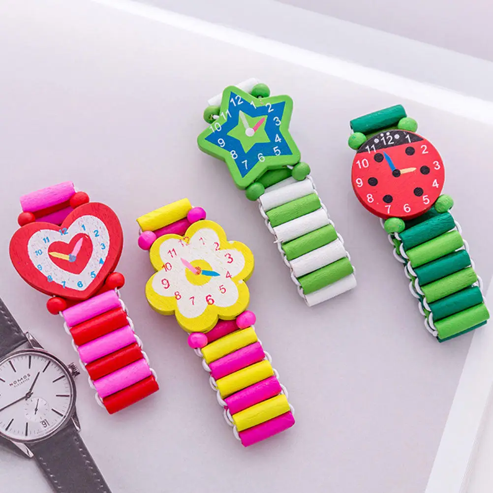 

7Pcs Wooden Watch Elastic Bracelet Creative Fake Watch Educational Playthings Gift Fun Colorful Play Bracelet