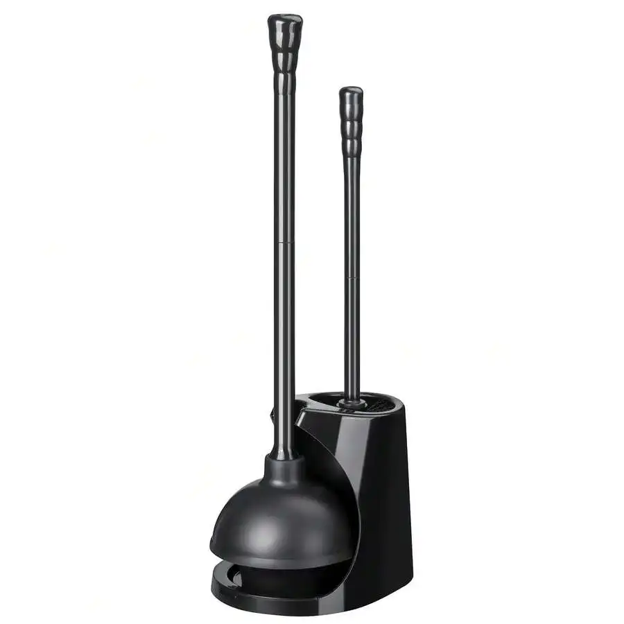 2-In-1 Plastic Toilet Plunger and Bowl Brush Set with Space Saving Holder Heavy Duty Suction Plunger Stiff Bristle Brush Long Handle Bathroom Cleaning Tools Plumbing Organizer Household Accessories Washroom Fixtures 2Pcs