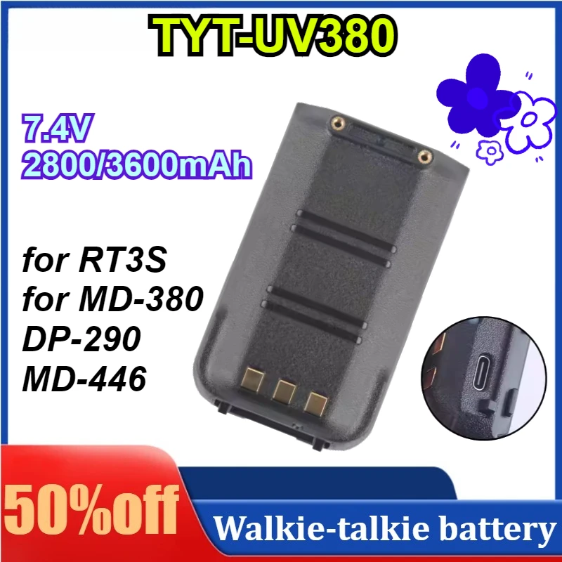 

TYT-UV380 7.4V 2800/3600mAh for RT3S for MD-380 DP-290 MD-446 Two Way Radios Walkie Talkie Battery USB-C Charging Port