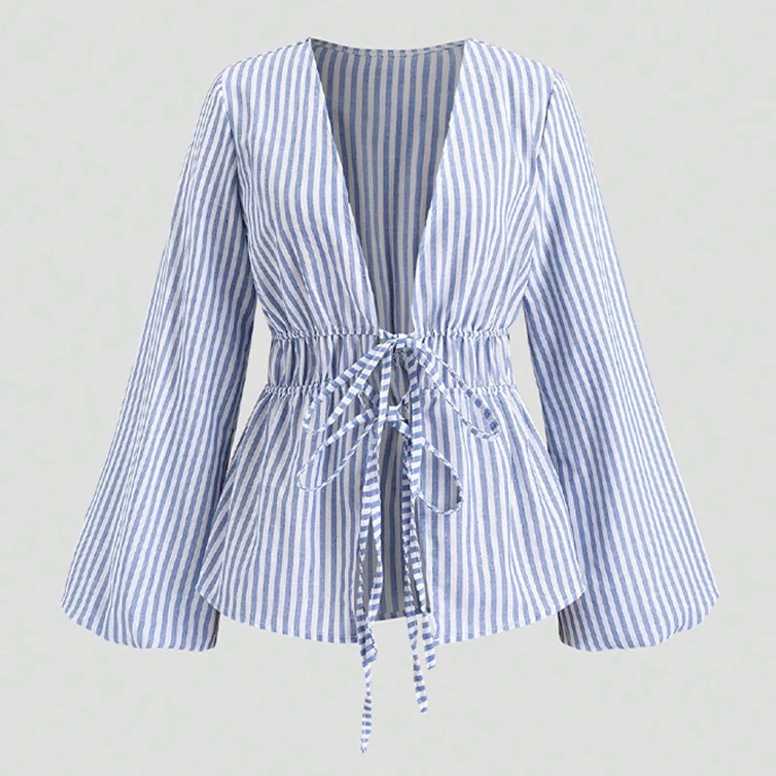 # S-XL Женская полосатая рубашка на шнуровке с открытым верхом спереди и двойной завязкой, блузки с длинными рукавами и V-образным вырезом, универсальный кардиган