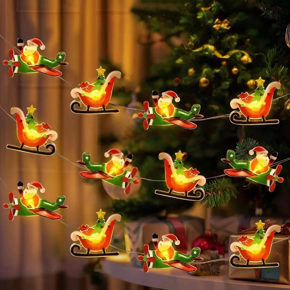 Warm Light Christmas LED String Lights DIY Garland Battery Powered Sleigh Airplane Christmas Lights Plastic Cartoon