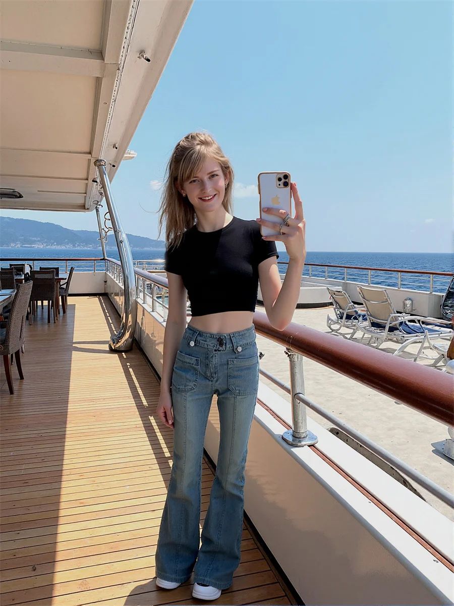 플레어 슬림 스키니 바닥 길이 청바지 여성용 클래식 빈티지 아메리칸 스타일 스트레이트 레그 찢어진 헤짐 워싱 캐주얼 릴렉스