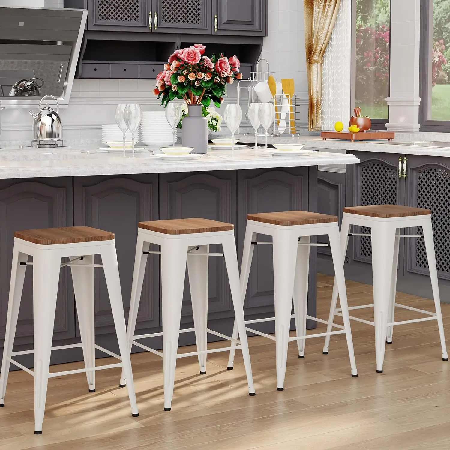 26 Inch Bar Stools Set Of 4 Stackable Backless Metal Counter Height Stools For Kitchen Island Dining, Customized