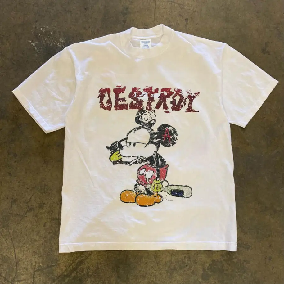 

Pure Cotton American Retro Disney Mickey Print Short-sleeved T-shirt for Men and Women Summer New Loose Niche White