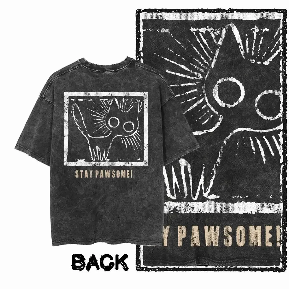 Katzen-Bedrucktes Baumwoll-T-Shirt mit Acid-Wash-Effekt, Exklusives Grafik-Design, Unisex, Coole Streetwear, Herren-T-Shirts in Übergröße, Damen-T-Shirts, Y2k-Top – Detail 6