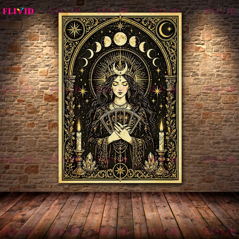 Vintage Gold Tarot Witch Canvas Wall Art,Golden Moon Phase Tarot Crystal Ball Raven Skull Celestial Witch Art Poster Print Decor