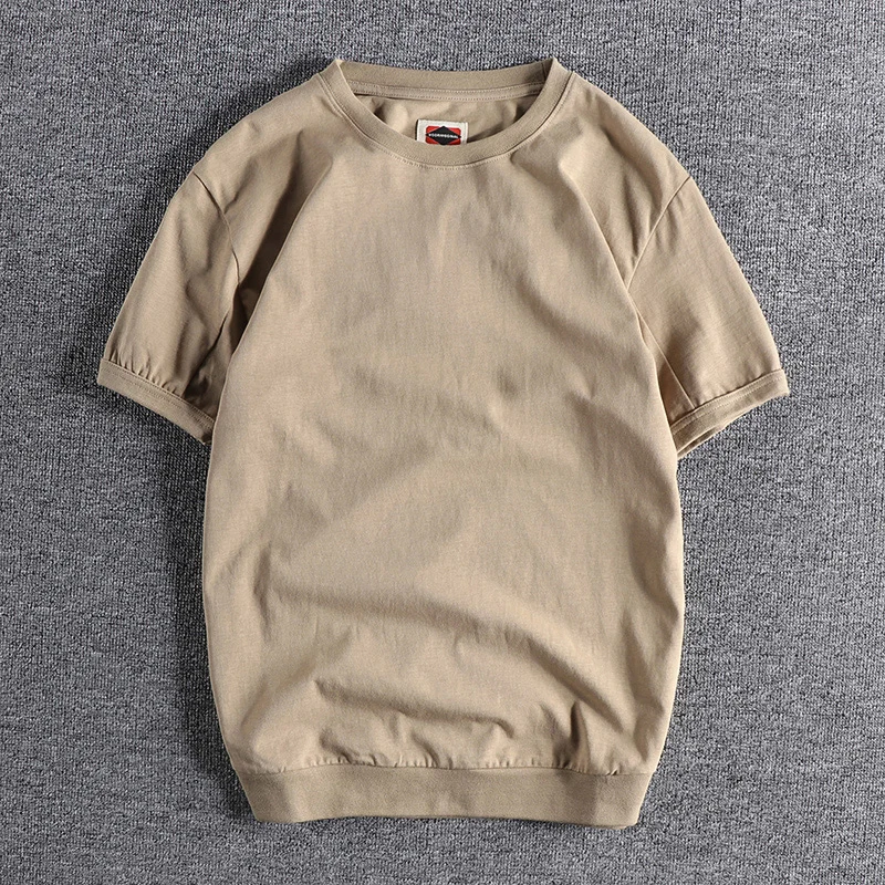 

Hem thread stitching Japanese vintage Khaki men's short sleeve T-shirt heavy weight washed pure cotton comfortable half sleeve