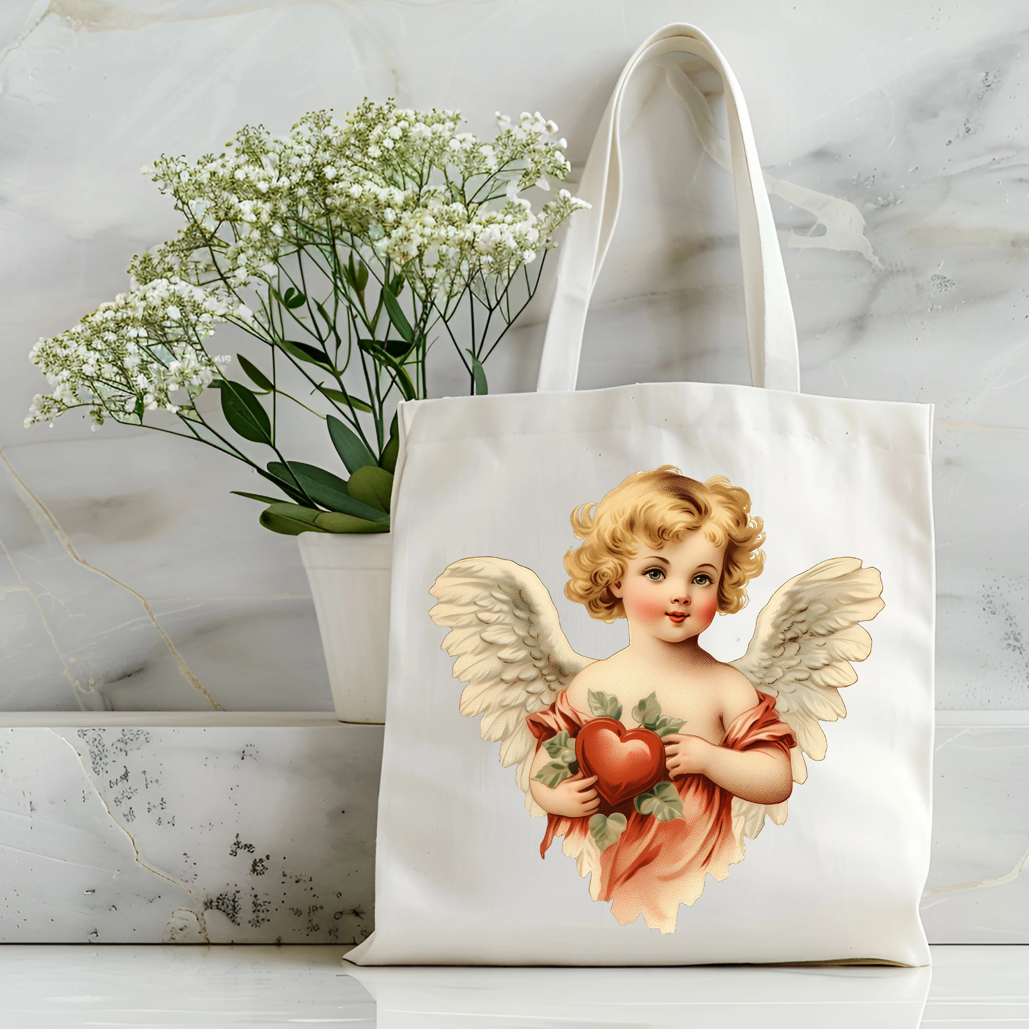 Cupid Angel Printed Shoulder Bag Canvas Handbag Women Harajuku Handbag Women Reusable Shopping Bag Gift for Friends