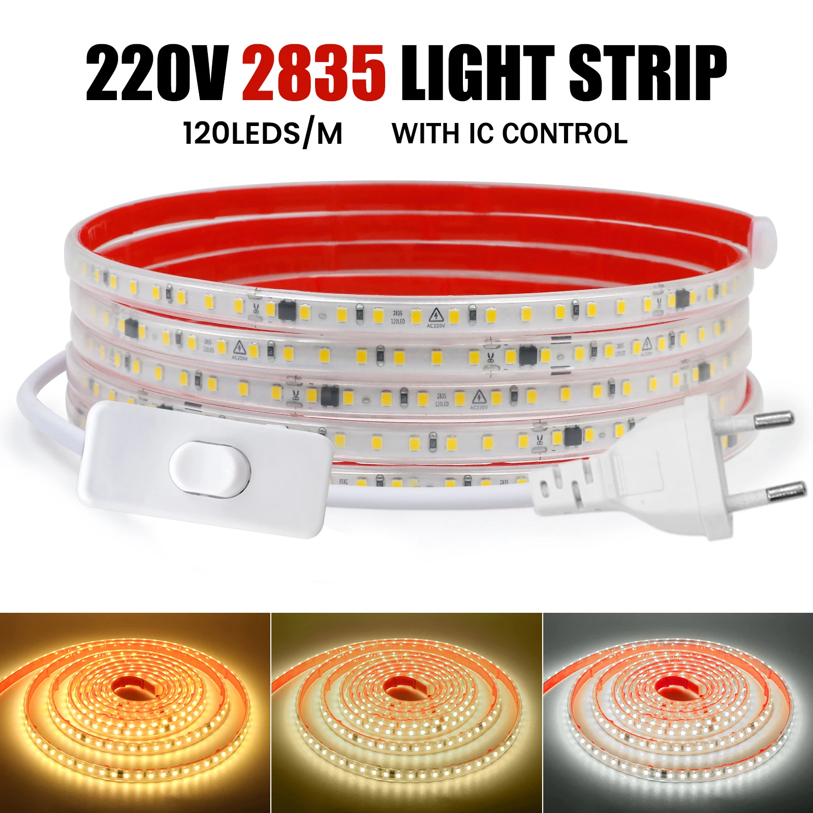 Taśma LED AC 220 V z układem scalonym 2835 120 diod LED Elastyczna taśma LED z taśmą samoprzylepną Wodoodporna lampa w paski do wystroju domu 0,5-40