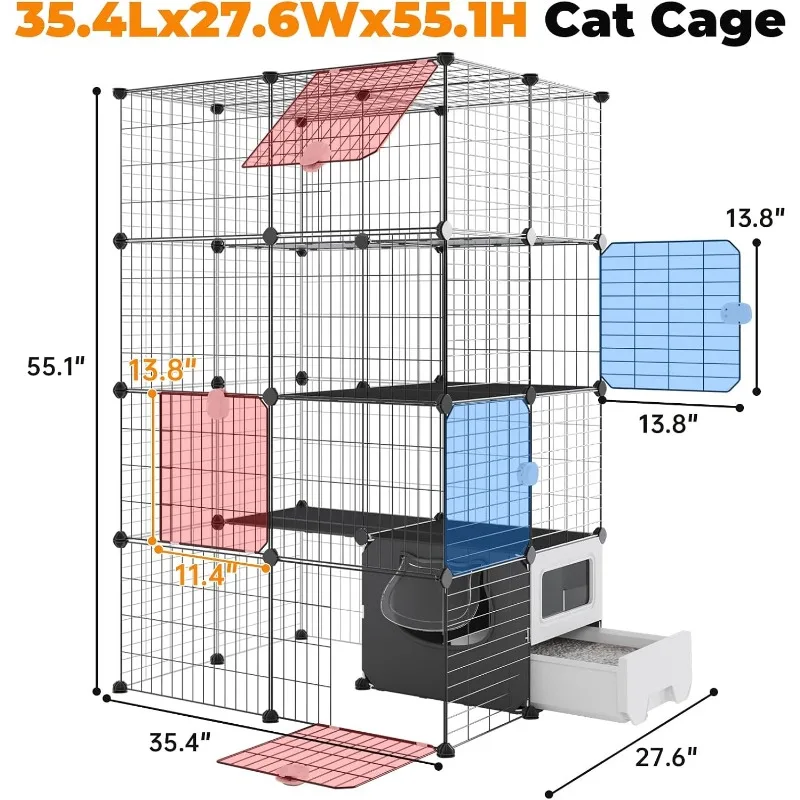 Kandang kucing dengan kotak sampah, 4-Tier DIY kawat logam lepas pasang kandang dalam ruangan tempat latihan besar Ideal untuk 1-2 kucing