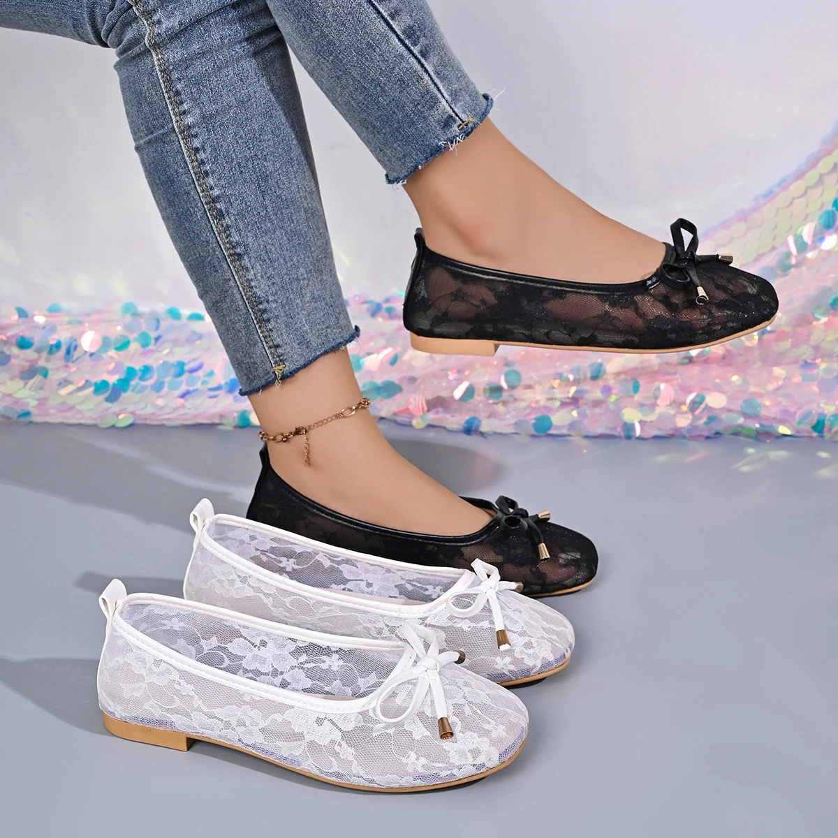 Women Ballet Flats Square Toe Floral Lace Mesh Sneakers Women Upper Front Bow Flat Shoes Slip on Casual Walking Shoes Women