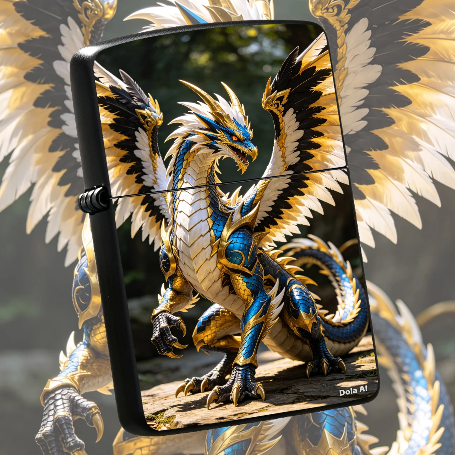 Mythical Blue-Gold Feathered Dragon Pattern Lighter, HD Vivid Fantasy Sacred Dragon Print PORTABLE Windproof Lighter, Unique Collectible Ignition Tool, Creative Holiday Birthday Gift For Dragon Lovers Family Friends Outdoor Daily Use A Fu