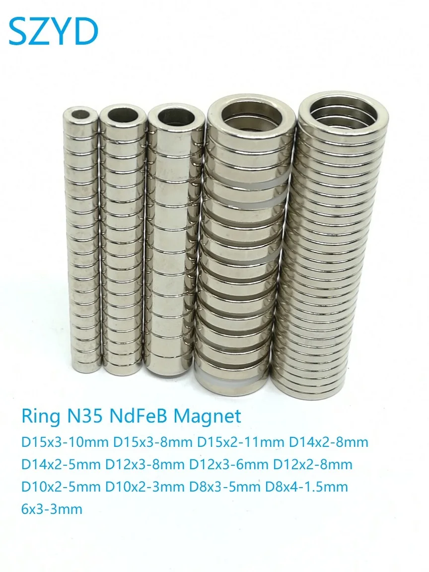 Lot de 10 aimants en néodyme N35, forme annulaire, 6*3 8*3 10*2 12*2 12*3 14*2 15*3, aimants permanents ronds standard puissants avec trou 3-11