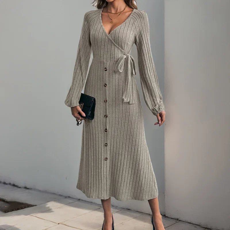 Pendulum Knitted Dress Long Sleeve Sexy Long Dress Women V-neck Solid Color Button-up A High Waist Summer Sexy Long Dress